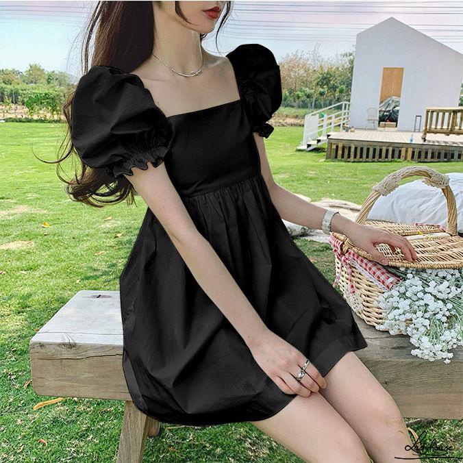 Đầm Tay Phồng Ngắn Cổ Vuông Thắt Nơ Hở Lưng Màu Trơn Cho Nữ