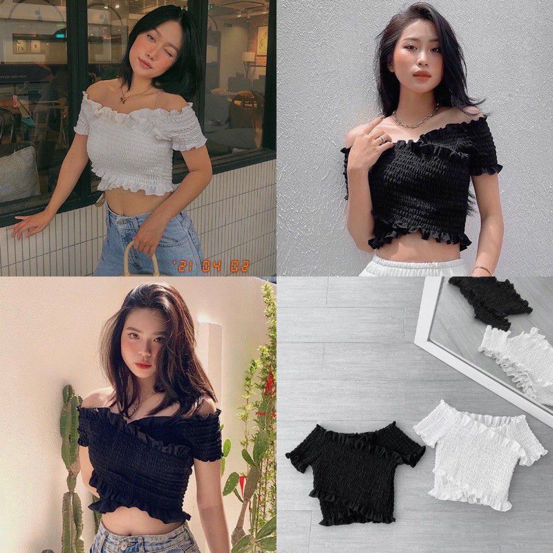 🎀Áo Nhún Thun Đắp Chéo Trễ Vai Fom Croptop Dễ Thương Nữ Tính