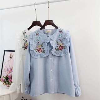 Áo sơmi cổ nhúng bèo thêu hoa - xanh, trắng