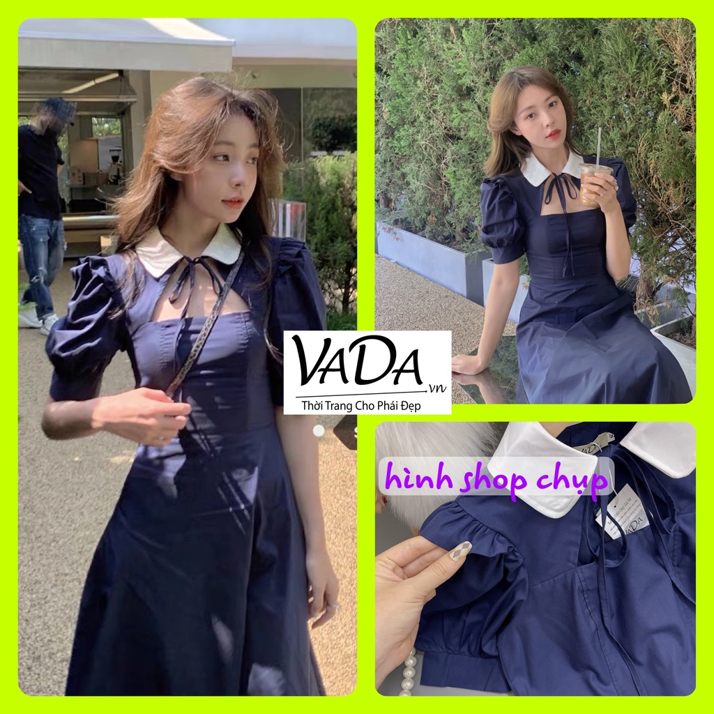 Đầm nữ dự tiệc cổ sen khoét phối cột nơ phong cách Hàn Quốc trẻ trung thời trang -Thời Trang VADA (VD404)