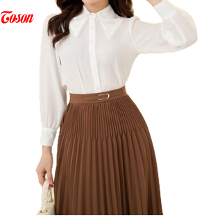 Áo sơ mi chiffon trắng dài tay, cổ và tà bong can ren Toson 12984W62