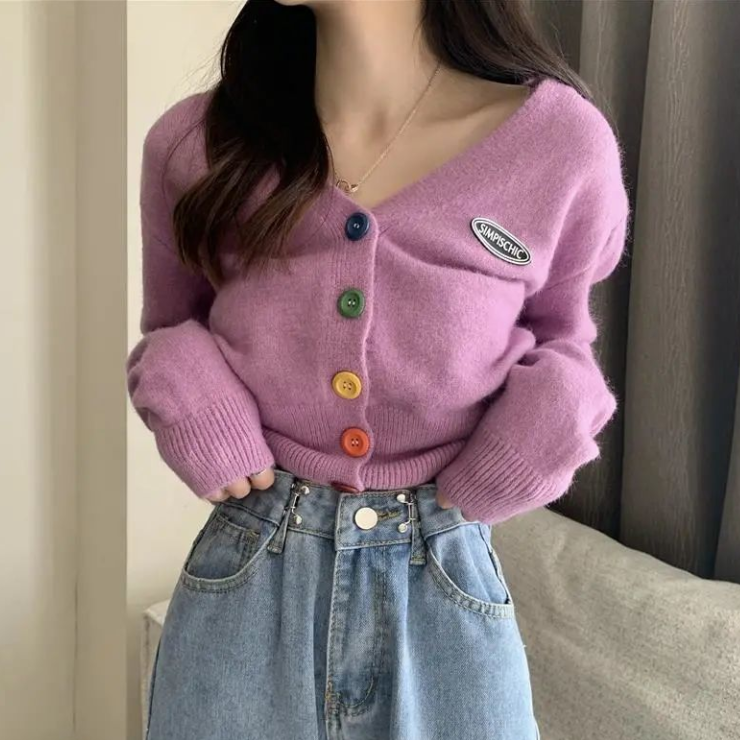 Áo khoác cardigan dệt kim dài tay phối nút cài xinh xắn cho nữ