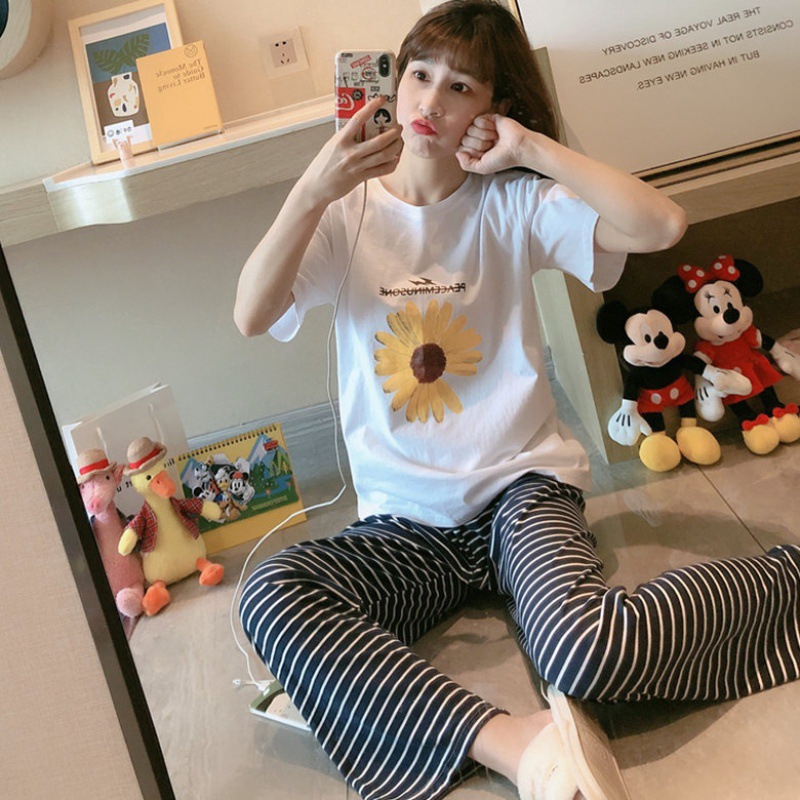 Bộ Đồ Ngủ 2 Mảnh Ngắn Tay In Hình Hoạt Hình Dễ Thương Phong Cách Hàn Quốc Cho Nữ