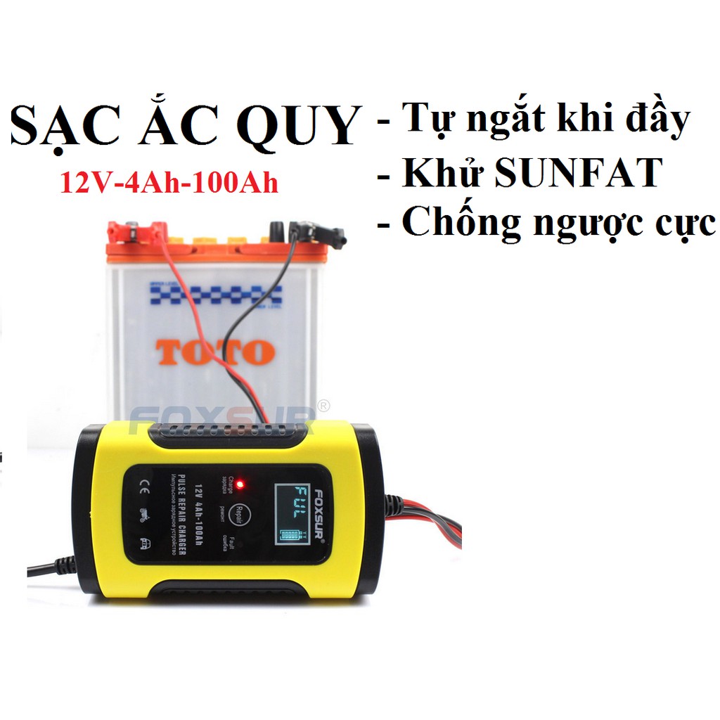 Sạc bình ắc quy 12V/5A FOXSUR có chức năng khử sunfat phục hồi bảo dưỡng bình, máy nạp bình ắc quy