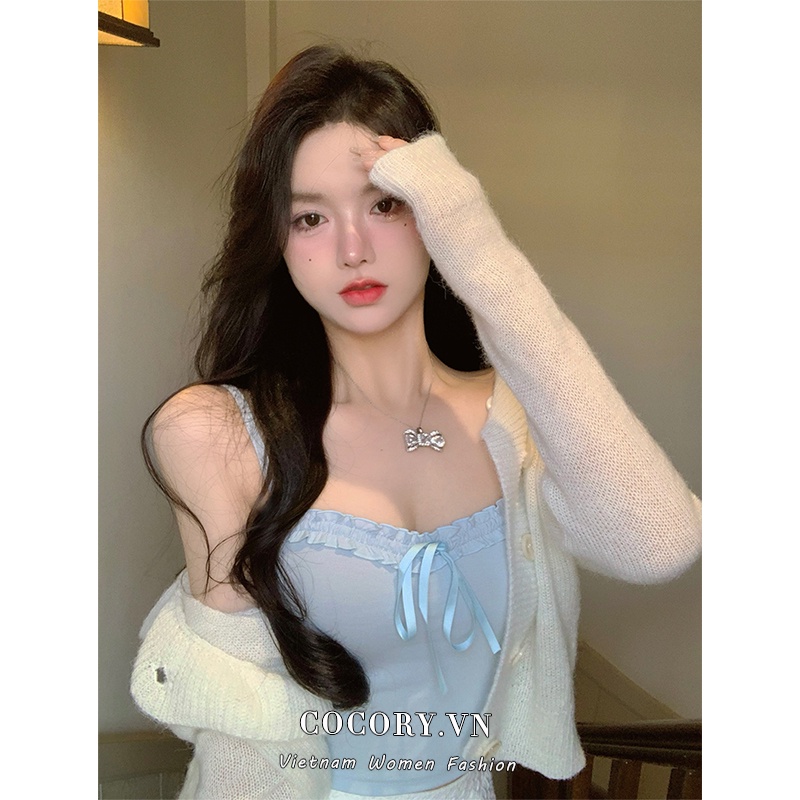 Cocory vn Áo Croptop Dệt Kim Trễ Vai Màu Sắc Trơn Thiết Kế Quyến Rũ