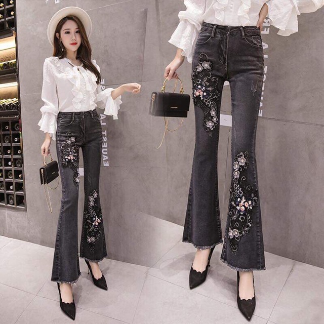 Quần jean nữ cao cấp thiết kế ống loe phối hoa sang chảnh QCNP1127