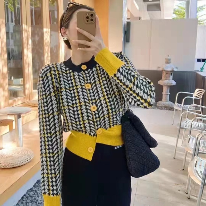 Áo Khoác Cardigan Dệt Kim Cổ Tròn Màu Tương Phản Thời Trang Cho Nữ