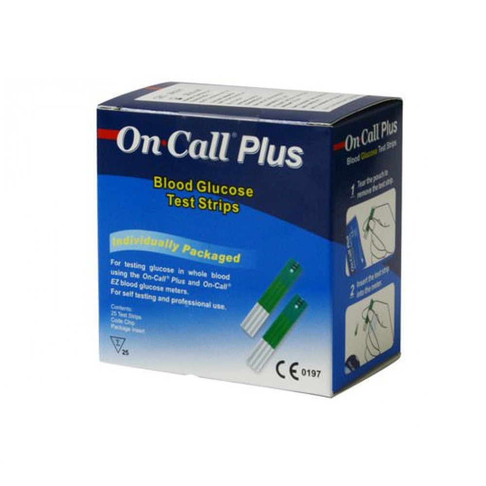 Que thử đường huyết on call plus (tiểu đường) hộp 25 que tặng kèm 25 kim lấy máu