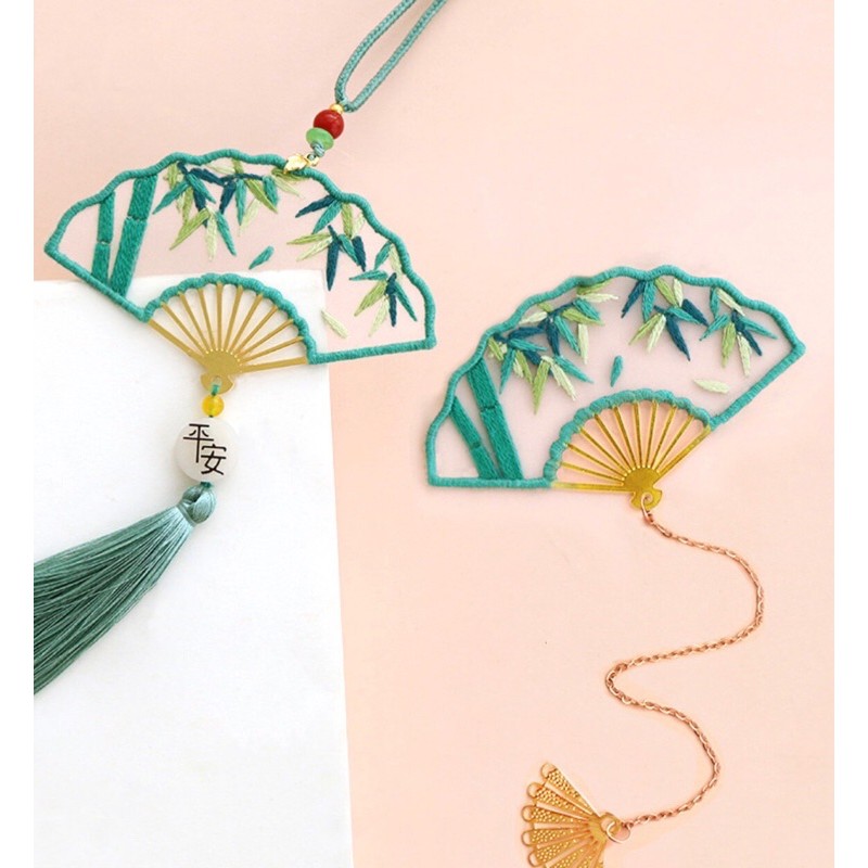 DIY bộ kit thêu tay Bookmark quạt cổ phong đánh dấu sách quà tặng ý nghĩa đầy đủ nguyên liệu hoàn thiện