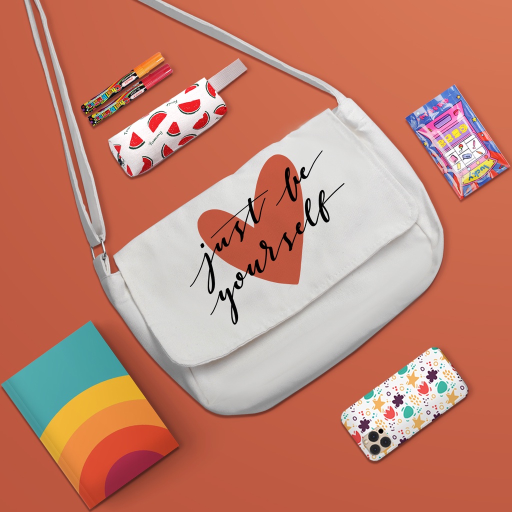 Túi Vải Đeo Chéo Nữ Canvas In Hình Just Be YourSelf Phong Cách Ulzzang