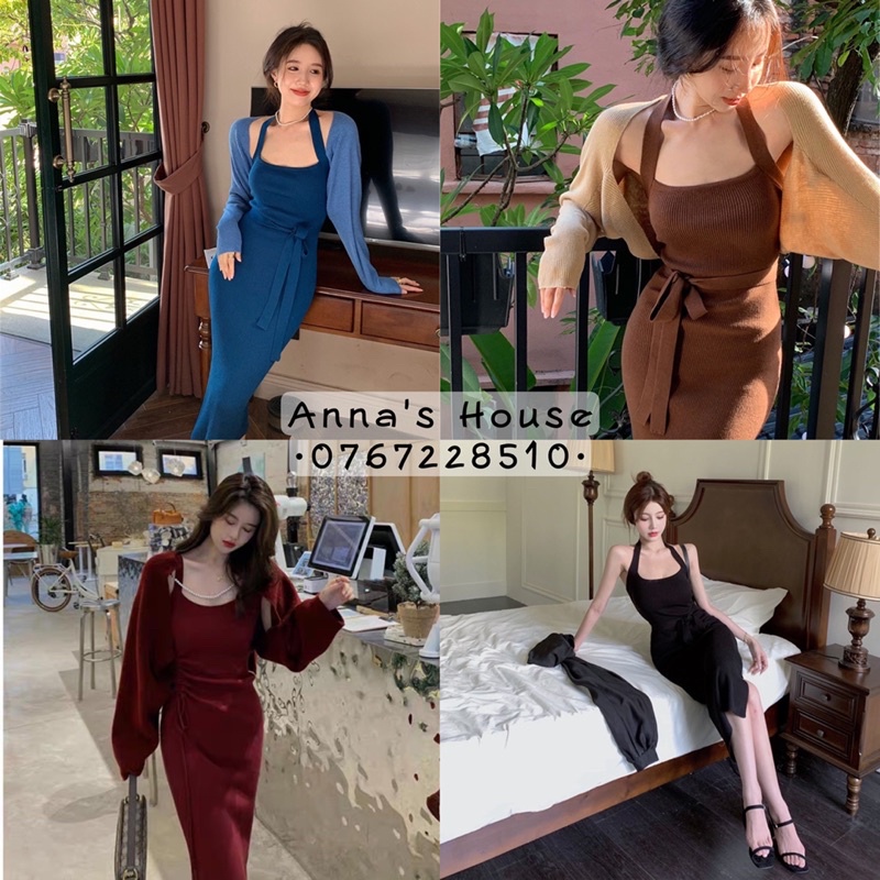 Set len đầm body cổ yếm + khoác crop tay dài