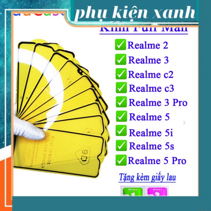 Kính cường lực Realme 2/ 3/ C2/ C3/ 3 PRO/ 5/ 5I/ 5S/ 5 PRO Full màn hình , tặng bộ giấy lau Educase.vn