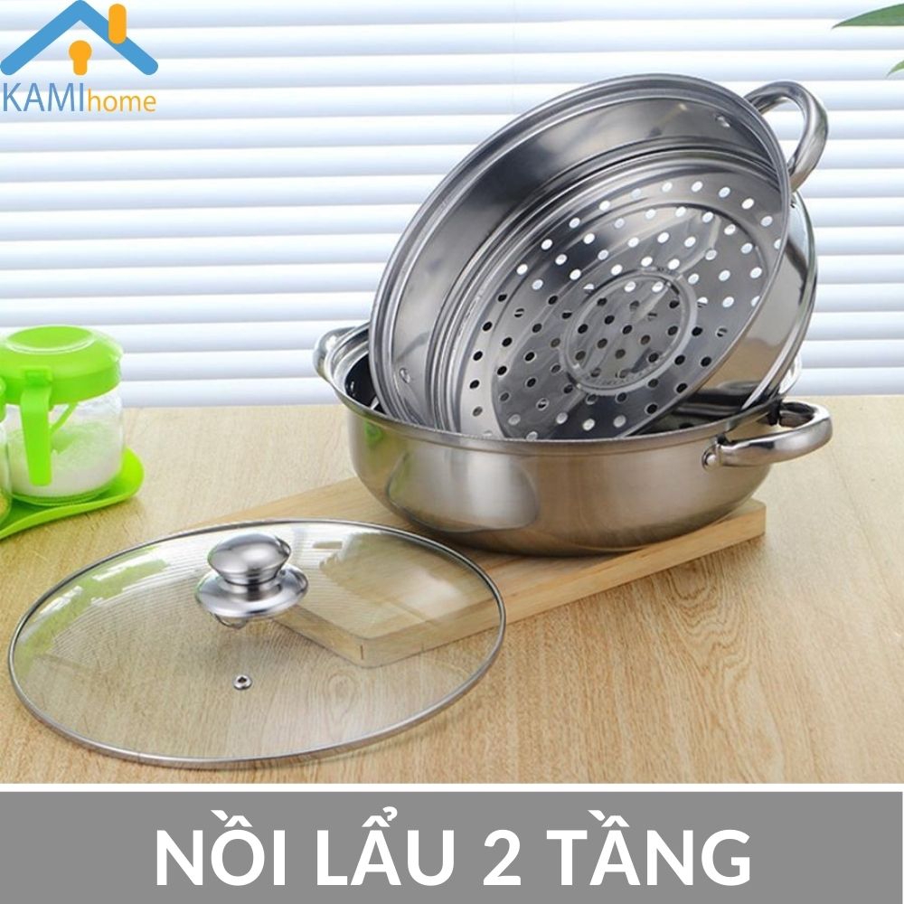 Nồi lẩu đa năng chế biến lẩu hấp nấu luộc Inox 2 tầng mã 20020