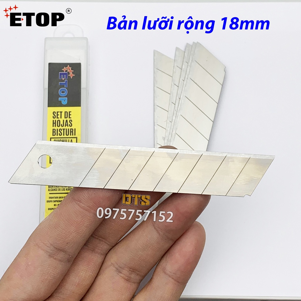 Hộp 10 lưỡi dao rọc giấy đa năng ETOP, Kapusi bản to 18mm x 100mm thép hợp kim siêu sắc, cắt giấy rọc băng keo thùng bìa