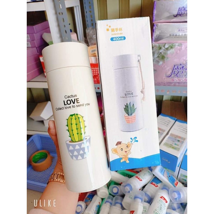 Bình đựng nước lõi thủy tinh họa tiết xương rồng dễ thương dung tích 400ml