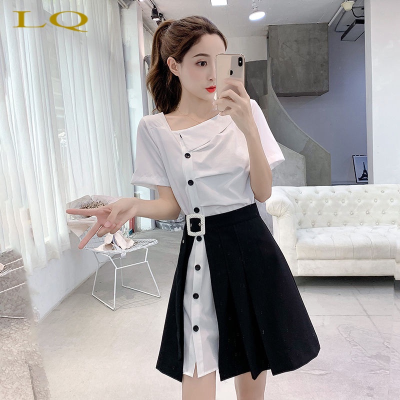 Set Đầm Sơ Mi Thiết Kế Gợn Sóng + Chân Váy Lửng Thời Trang Hè 2022 Mới