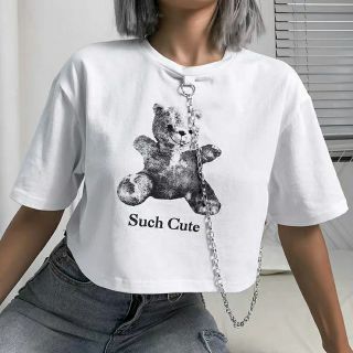 😎 Áo thun croptop trắng hình gấu bông phối dây xích (chain) sành điệu (Ms A82)