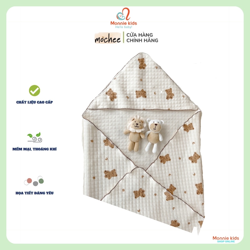 Ủ lụa cotton hình gấu cho bé Mochee, chăn ủ họa tiết mềm mại cho trẻ - Monnie Kids