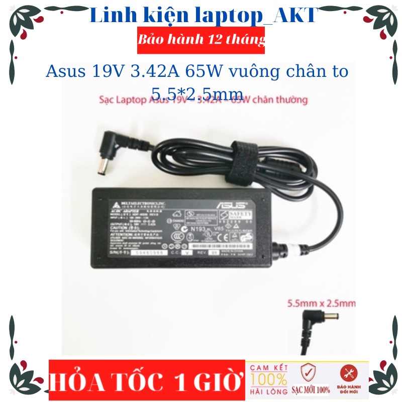 Sạc Laptop Asus 19V-3.42A-65W-ZIN vuông, chữ nhật, chân to 5.5*2.5mm, chân nhỏ 4.0*1.35mm zin kèm tặng dây nguồn