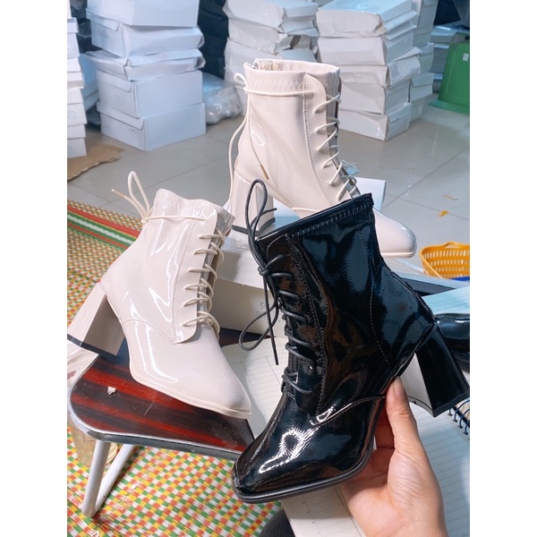 Boot Cao Cổ Da Bóng Gót Vuông Buộc Dây Khóa Sau Cá Tính (Fullbox) | BigBuy360 - bigbuy360.vn