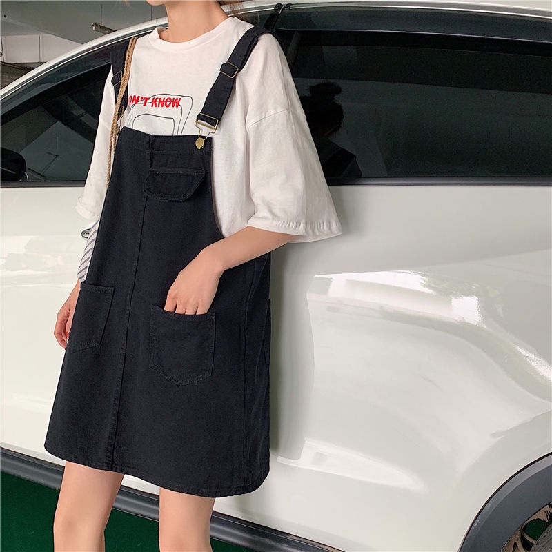 Đầm yếm denim màu trơn dáng rộng phong cách Hàn Quốc thời trang mùa hè cho nữ