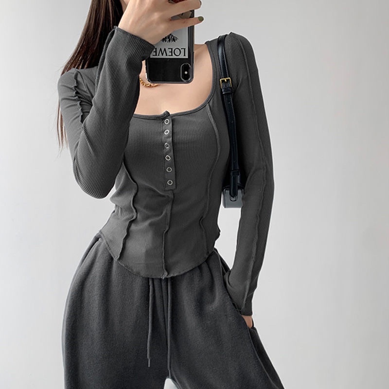 Áo thun croptop dài tay cổ vuông dáng ôm tôn dáng màu trắng,ghi,đen có full size Xs-2Xl