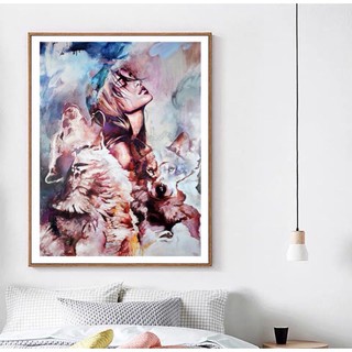 Tranh số hoá tự tô đã căng khung cô gái và sói trắng