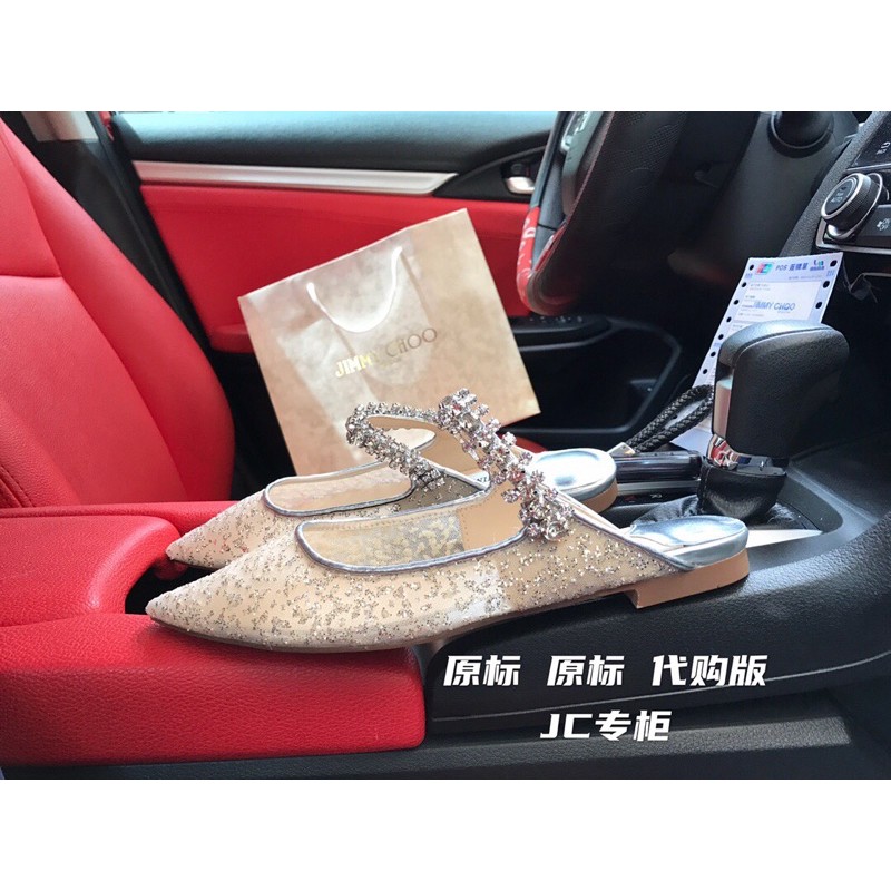 Giày bệt mũi nhọn Jymmy Choo đính đá cao cấp chất liệu lưới bên ngoài lót da bên trong siêu đẹp