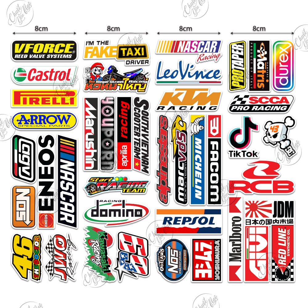 Combo bộ 10 hoặc 40 sticker không trùng hình dán decal tem xe logo South Vietnam Scooter Team rcb kawasaki racing