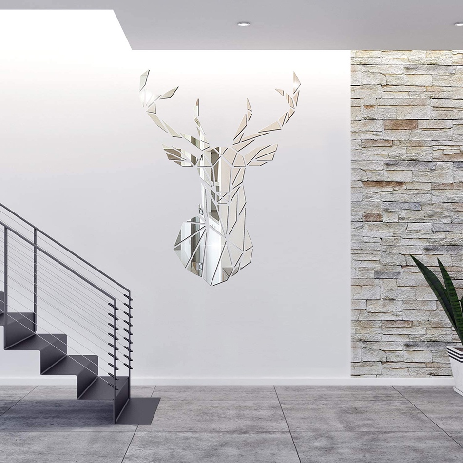 Miếng Dán Tường Trang Trí Hình Đầu Hươu 3D Tráng Gương Acrylic Thời Trang DIY