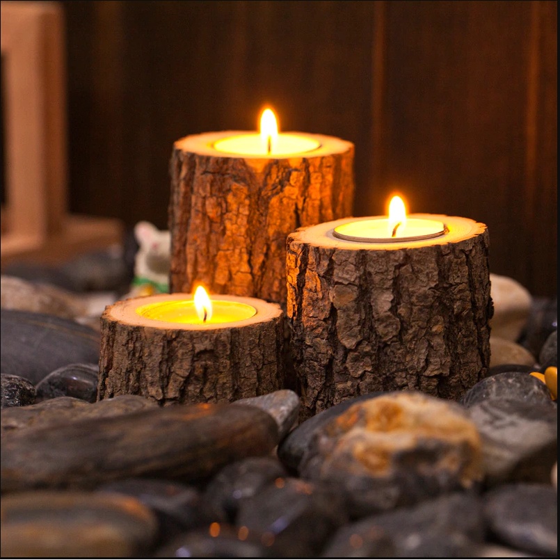 Đế cắm nến trụ dạng khúc gỗ, đế nến hình cây tealight trang trí nhà cửa tiệc cưới lễ tình nhân noel giba