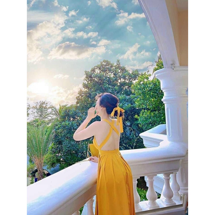 Đầm váy nữ dự tiệc maxi màu vàng 2 dây chéo lưng kèm băng đô đi biển xinh đẹp chất Lụa mềm mại