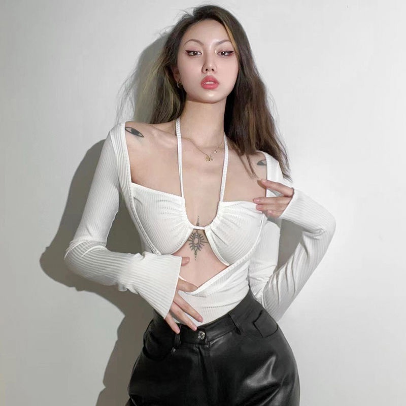 2022 new women's spring and autumn new European and American retro style fake two-piece top women's design sense small machine hollow strap long sleeve T-shirt sexy pure desire French style dress