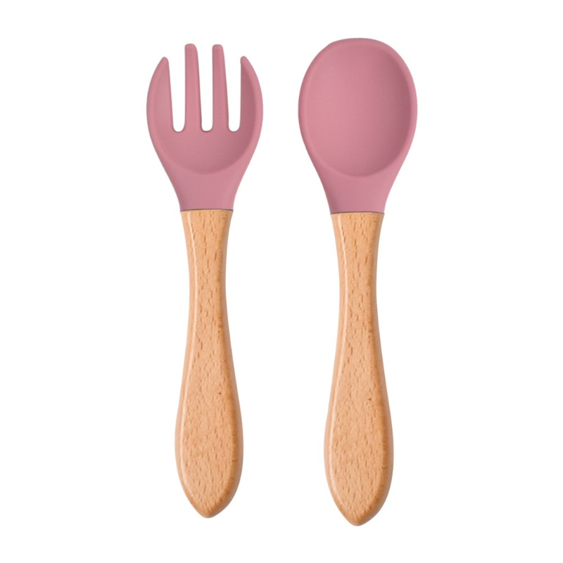 Set 2 muỗng nĩa silicone tay cầm gỗ cho bé tập ăn
