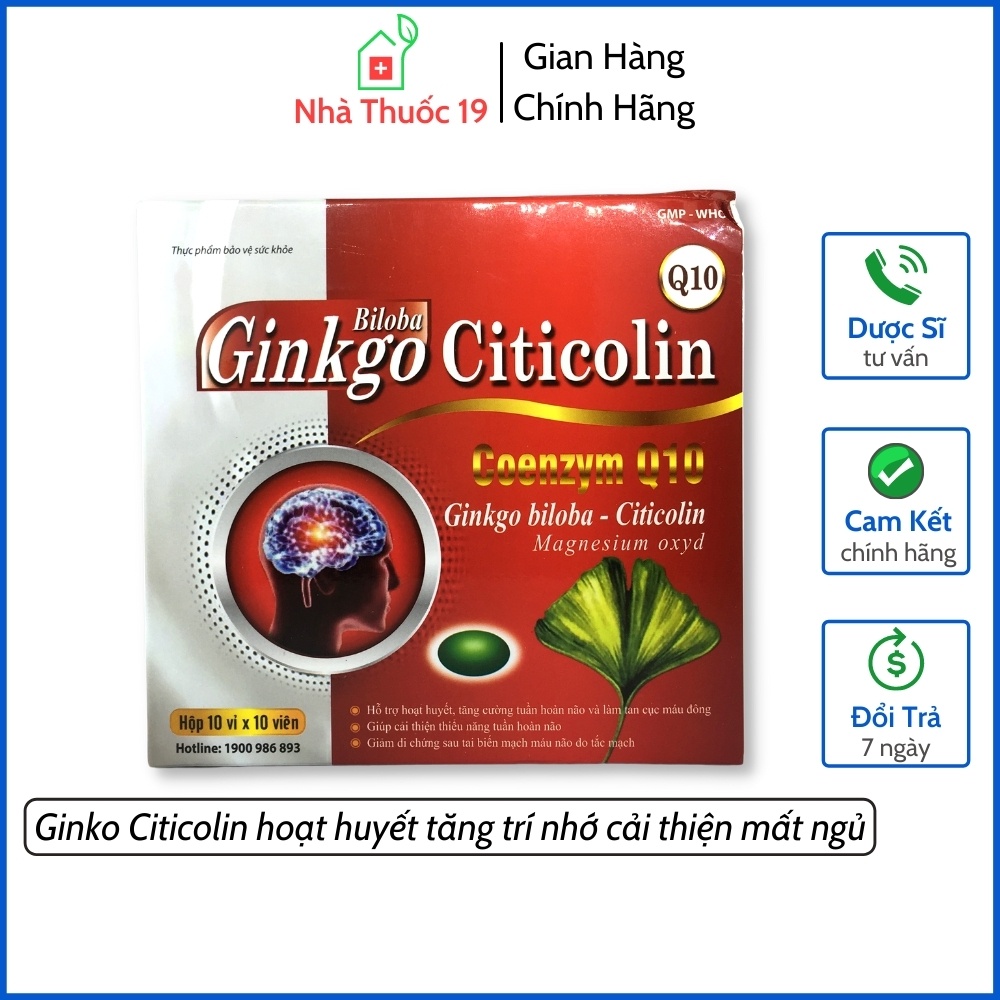 Hoạt Huyết Dưỡng Não Ginko Citicolin Giúp Hoạt Huyết, Tăng Cường Lưu Thông Máu, Tăng Cường Trí Nhớ Hộp 100 viên