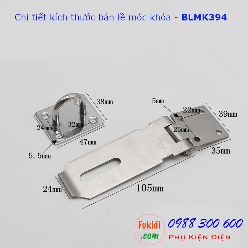 Bản lề móc khóa SU304 bề rộng 39mm dài 86, 105 và 127mm - BLMK39x