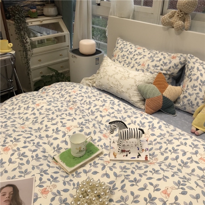 Shinbedding_ Set Bộ Vỏ Cotton Living Thỏ Ăn Lá Siêu Dễ Thương, Chất Liệu Mềm Mát,Thấm Hút Mồ Hôi