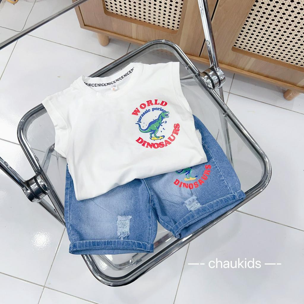[SALE] Đồ Bộ Cho Bé Trai Áo Cotton Quần Jeans In Khủng Long, Bộ Quần Áo Cộc Tay Hến Hàn Quốc Cho Bé Mặc Hè CK341