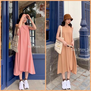 Đầm maxi suông nâu/hồng lệch tà