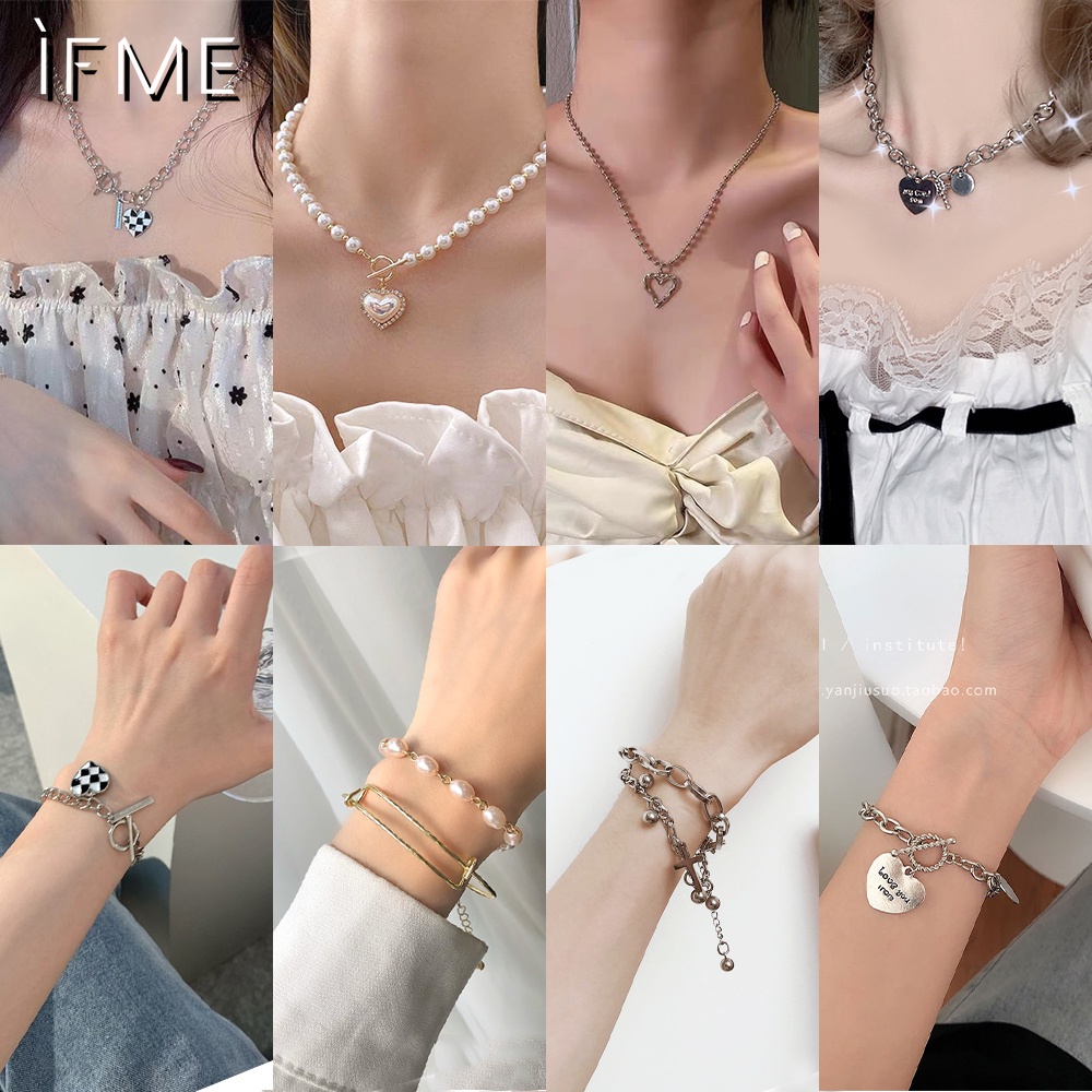 IF ME Bộ vòng cổ vòng tay đính ngọc trai phối kẻ sọc bàn cờ thời trang Hàn Quốc cho nữ