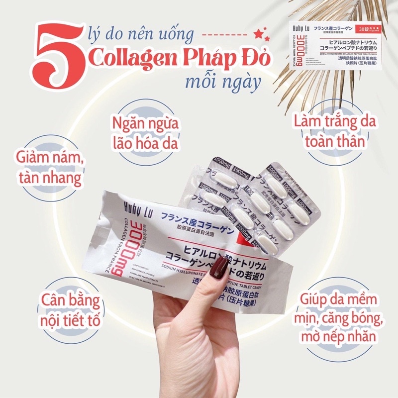 Viên Uống Collagen Huhy Lu 3000mg France Viên Uống Hỗ Trợ Trắng da Xóa Nếp Nhăn Hộp 30 Viên