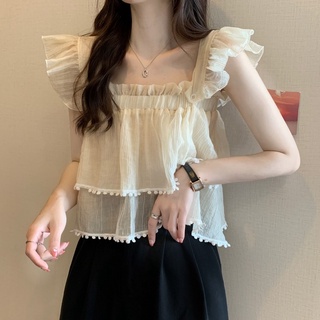 Chiffon Halter Off Shoulder O-neck Tank Tops Sleeveless T-shirt Áo Sơ Mi Tay Ngắn Cổ Vuông Phong Cách Pháp Thời Trang Mùa Hè Xinh Xắn Cho Nữ shoulder strap Vest