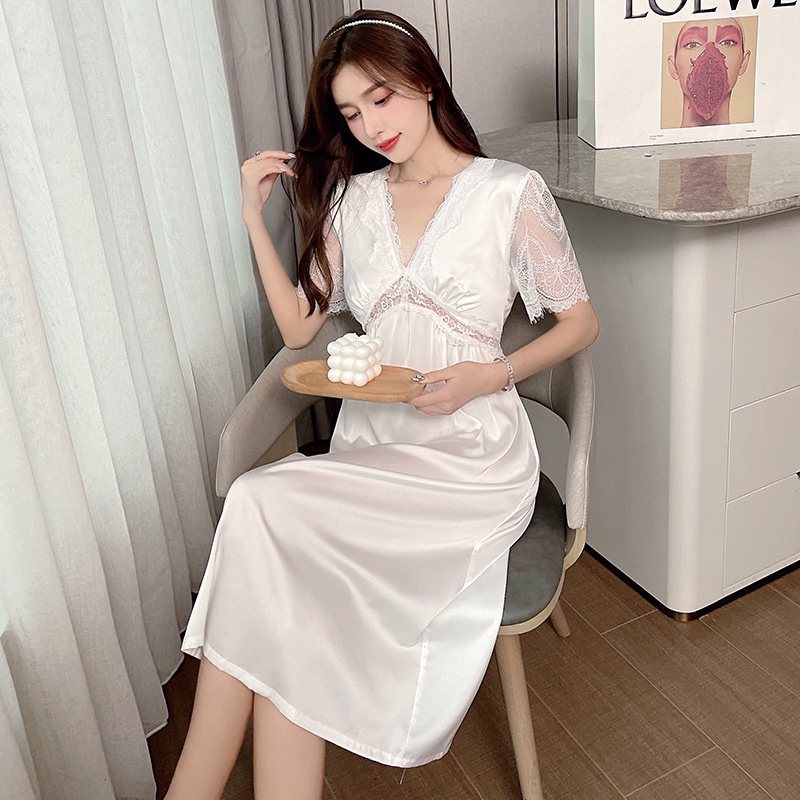 Đầm Ngủ Công Chúa Tay Ngắn Có Mút Đệm Ngực Chất Liệu Lụa Mỏng Phong Cách Hàn Quốc Quyến Rũ Cho Nữ