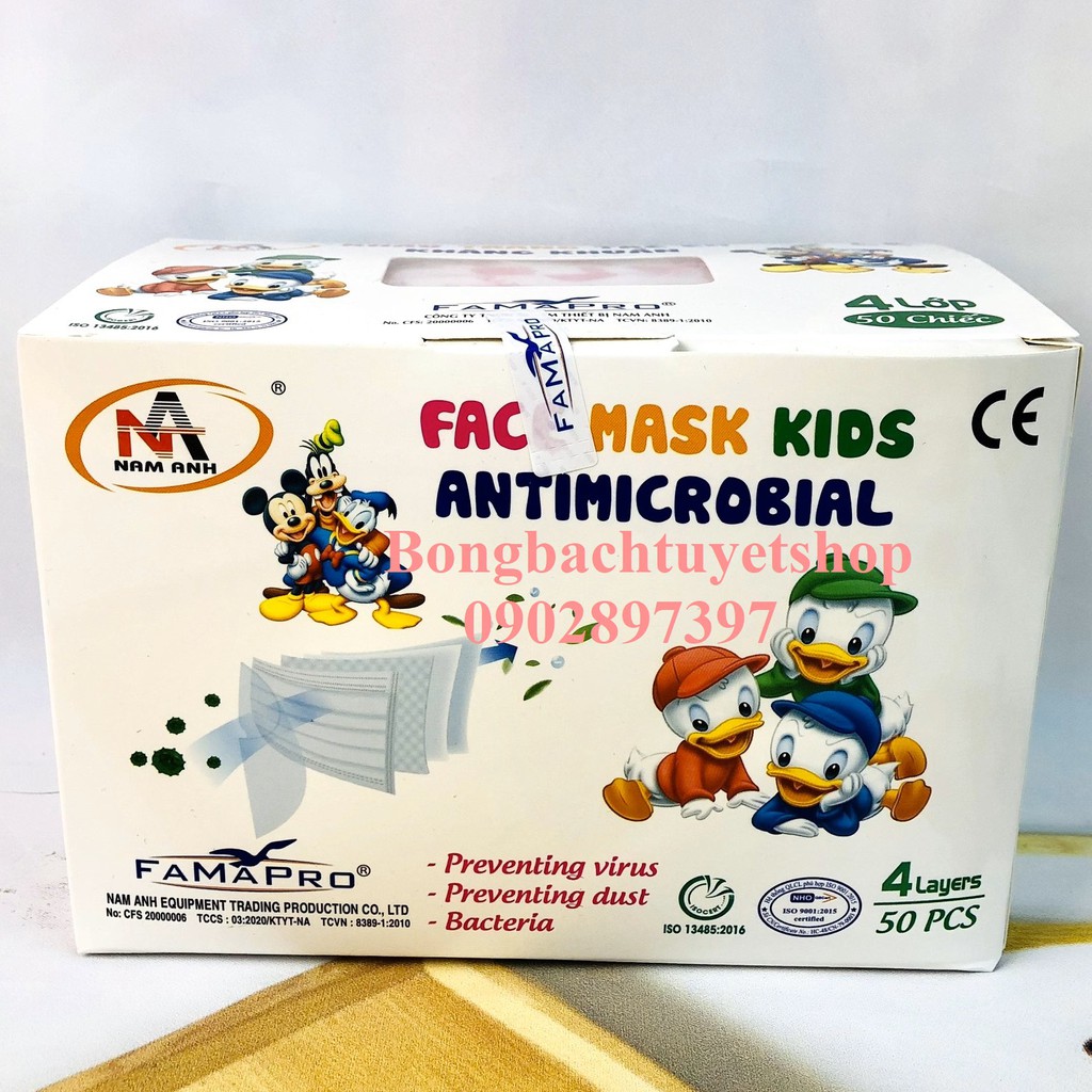 Khẩu Trang Em Bé Nam Anh 4 Lớp Kháng Khuẩn 50 cái/ hộp - Khẩu Trang Famapro cho bé Famapro
