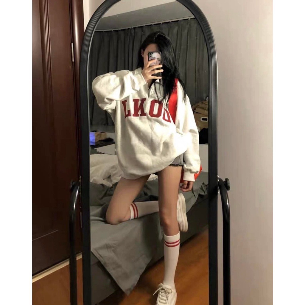 Áo nỉ polo sweater zip form rộng nam nữ cổ cao tay dài có khóa kéo hàn quốc màu trắng LKOO Unisex ulzzang