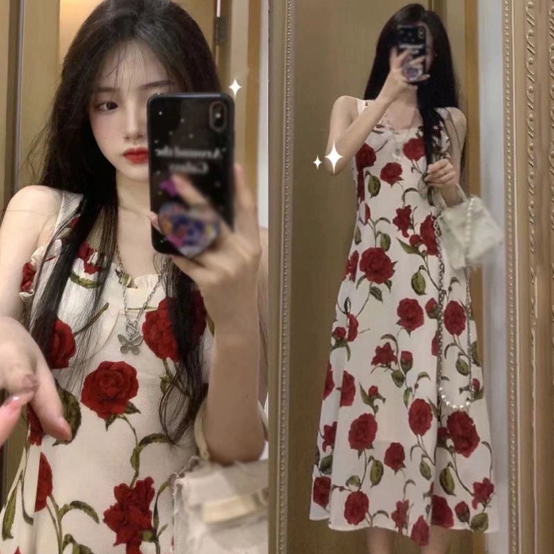 Đầm Lửng Hai Dây Họa Tiết Hoa Thời Trang Mùa Hè Hàn Quốc Cổ Điển Dành Cho Nữ