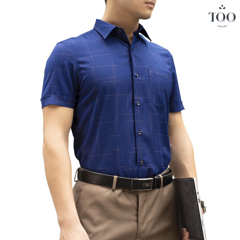 Áo sơ mi ngắn tay TQQ chất coton cao cấp màu xanh tím than và màu đen K233CB vạt ngang có túi ngực
