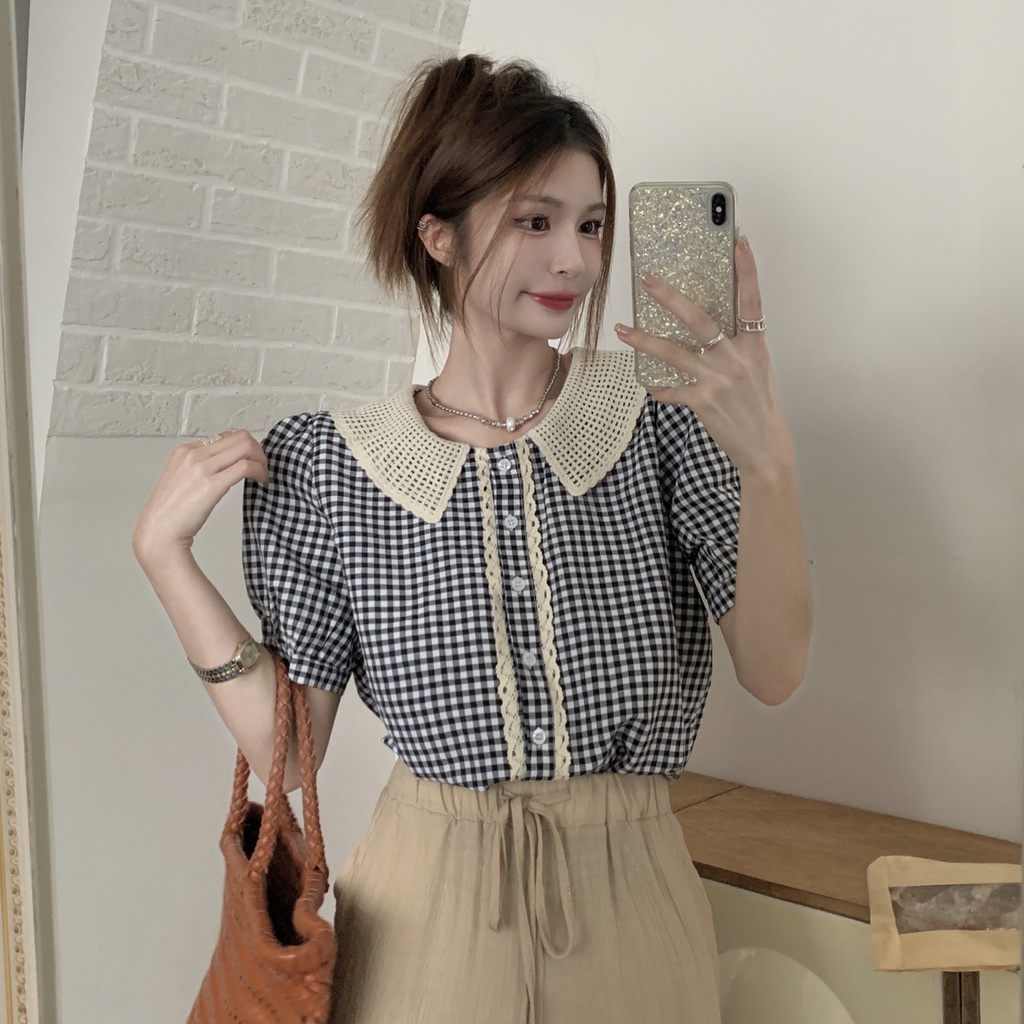SUXI Áo Sơ Mi Tay Ngắn Dáng Rộng Cổ Búp Bê Kẻ Sọc Caro Thời Trang Mùa Hè Cho Nữ