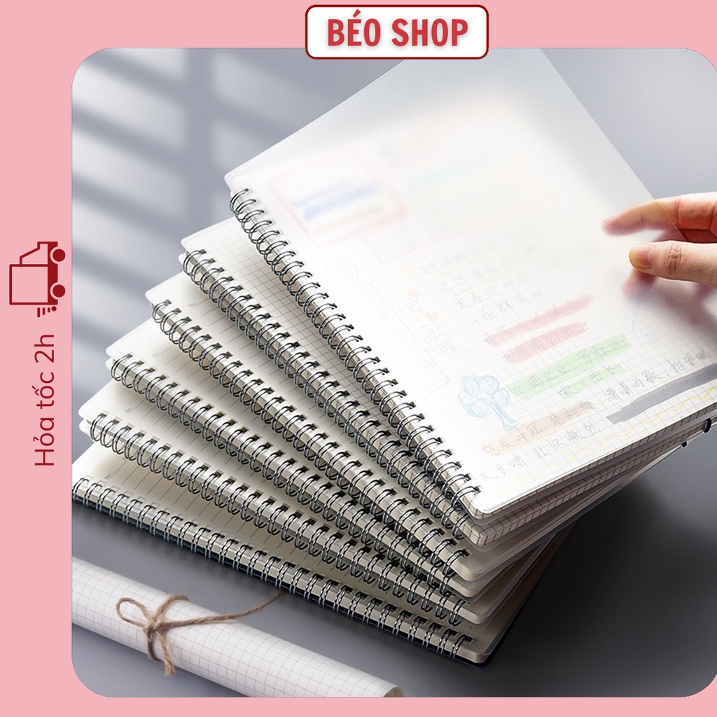 Sổ lò xo không rỉ B5 Béo shop 160 trang có dòng kẻ, sổ ghi chép giấy refill còng xoắn bìa nhựa trong Bullet Journal