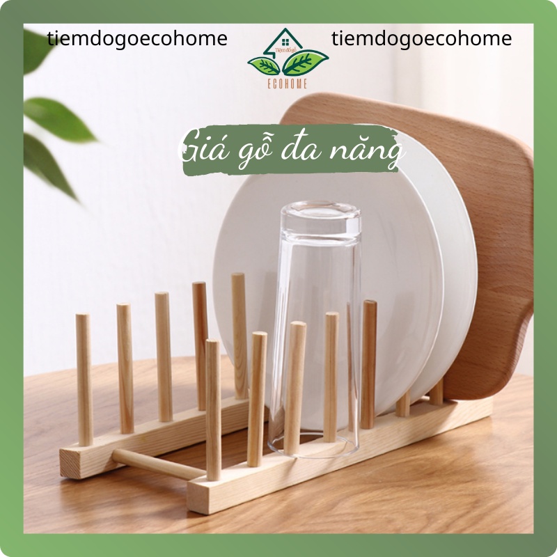 Giá Gỗ Trưng Bày Úp Dĩa, Ly, Chén Bát, Thớt, Tạp Chí Đa Năng - Kệ Gỗ Nằm Ngang Có Thanh Chia Ngăn Tiện Lợi